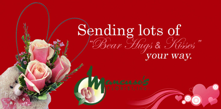 Bear Hugs & Kisses - A cuddly teddy bear and a vase filled with 3 pink roses, a perfect gift from the heart.