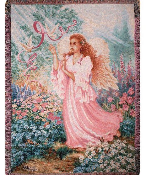 An angel in a pink dress stands gracefully in a flower-filled garden, releasing white doves adorned with pink ribbons into the sky.