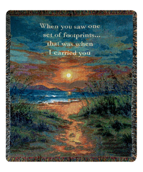 A scenic tapestry with a sunset over the ocean, a sandy path, and surrounding vegetation. Text reads: 