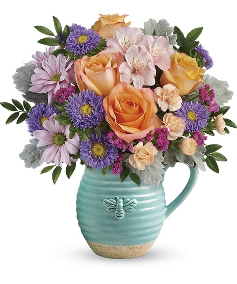 Busy Bee Pitcher Bouquet - Mancuso's Florist - Detroit, MI Flower Delivery